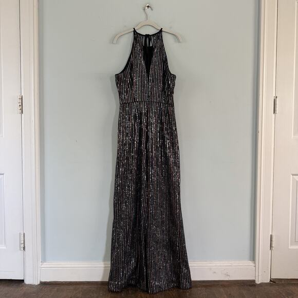 Anthropologie Maeve Disco Sequin Halter Wide Leg Black Jumpsuit - Picture 5 of 8